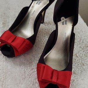 Isabel Toledo Black Satin 4”Heels,Red Bow, 0.5” Exposed Small Platform, Size 7